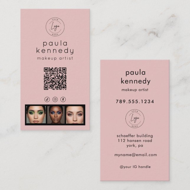 Blush Pink Modern Photo Logo QR Code Business Card (Front/Back)