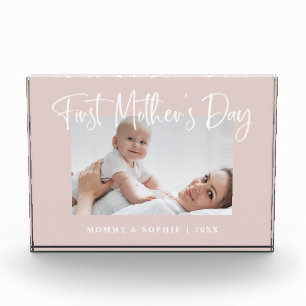 Blush Pink Modern Script First Mother's Day Photo Block