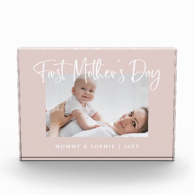 Blush Pink | Modern Script First Mother's Day Photo Block (Front)