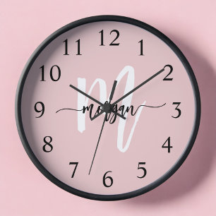 Blush Pink Modern Script Girly Monogram Name  Clock