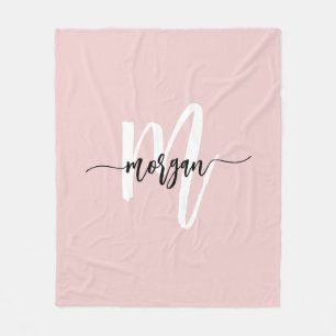 Blush Pink Modern Script Girly Monogram Name Fleece Blanket