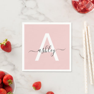Blush Pink Modern Script Girly Monogram Name Napkin