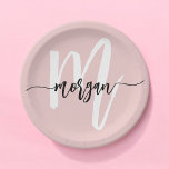 Blush Pink Modern Script Girly Monogram Name Paper Plate<br><div class="desc">Add a touch of elegance to your event with our Blush Pink Modern Script Girly Monogram Name Paper Plates. These stylish plates feature a soft blush pink background and a chic, modern script that showcases your personalized monogram or name, creating a custom look for any occasion. Crafted from high-quality, durable...</div>