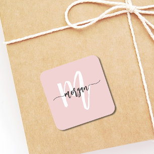 Blush Pink Modern Script Girly Monogram Name Square Sticker