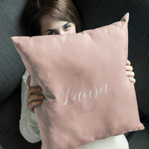 Blush pink modern script girly monogram name throw pillow
