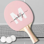 Blush Pink Modern Script Name Girly Monogram Ping Pong Paddle<br><div class="desc">Create Your Own Personalized Modern Script Name Girly Blush Pink Monogram Ping Pong Paddle. This ultra-girly ping pong paddle features a soft blush pink background with a bold, flat white initial (no shimmer or foil) on the front, paired with a playful black script name for that extra personal touch. The...</div>