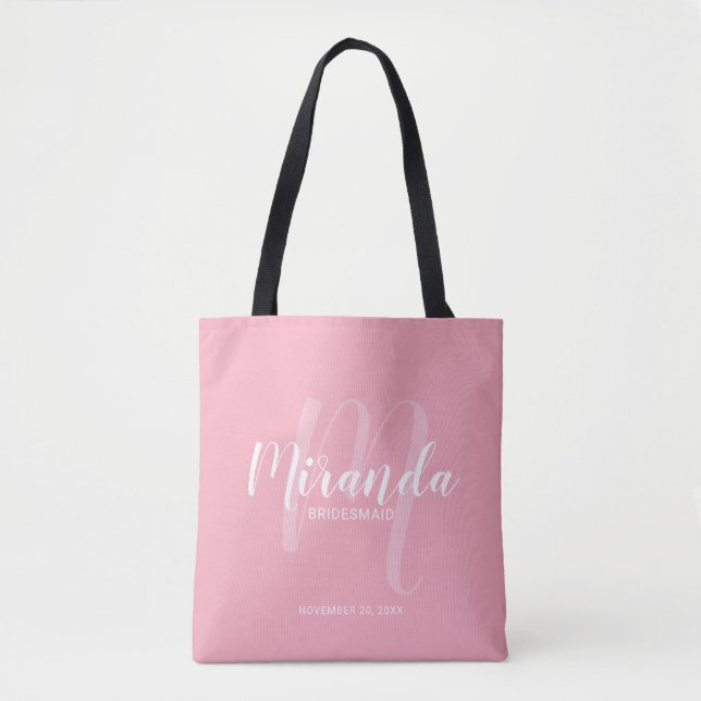 Blush Pink Modern Script Personalized Bridesmaids Tote Bag (Front)