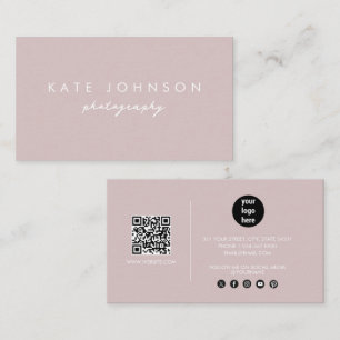 Blush Pink Modern Script QR Code Social Media  Business Card