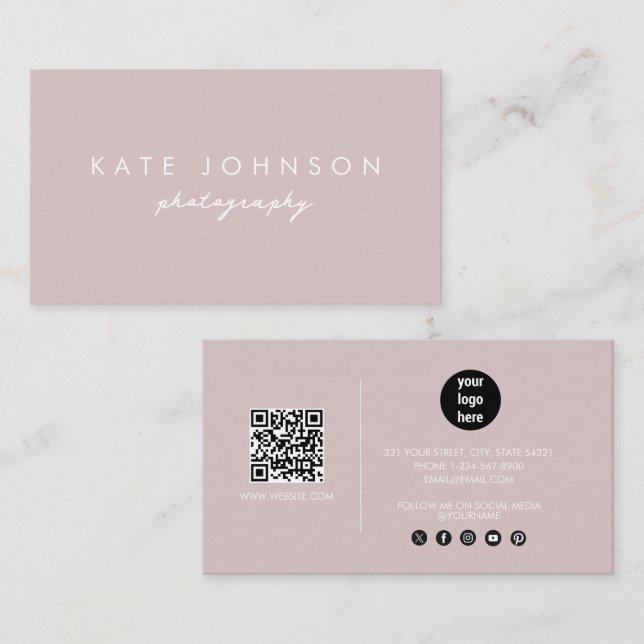 Blush Pink Modern Script QR Code Social Media  Business Card (Front/Back)