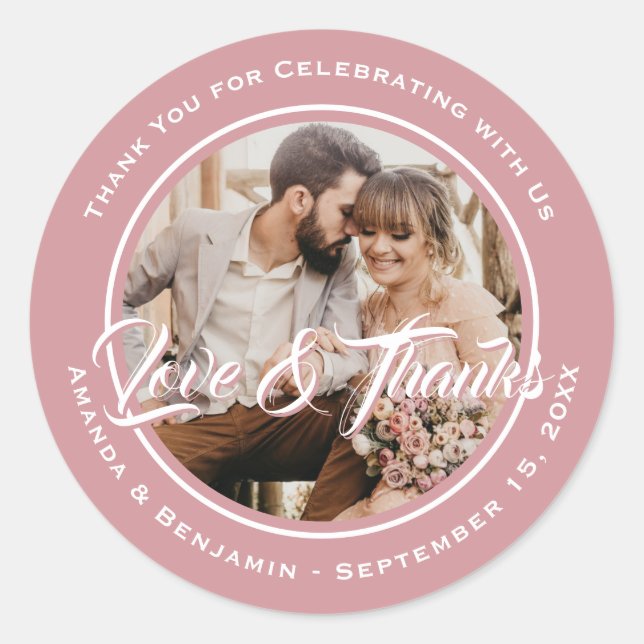 Blush Pink Modern Script Wedding Photo Favour Classic Round Sticker (Front)