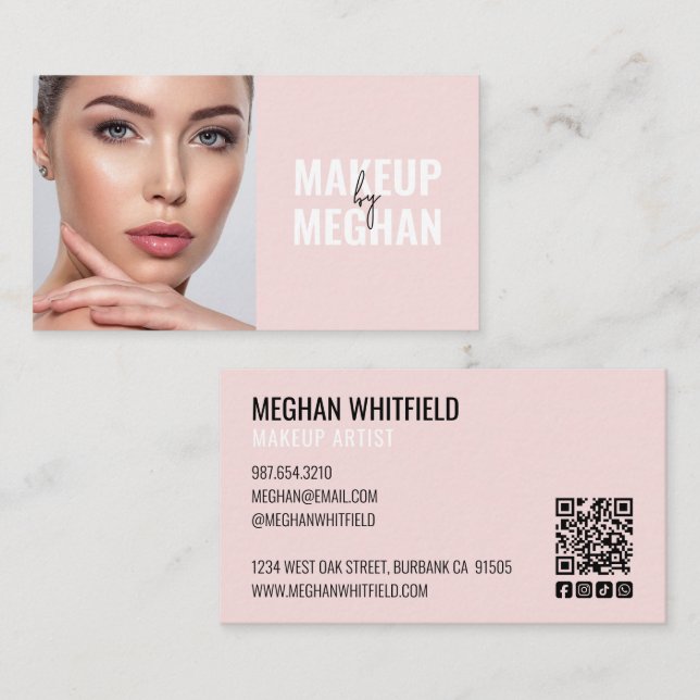 Blush Pink Modern Social Icon QR Code Photo Makeup Business Card (Front/Back)