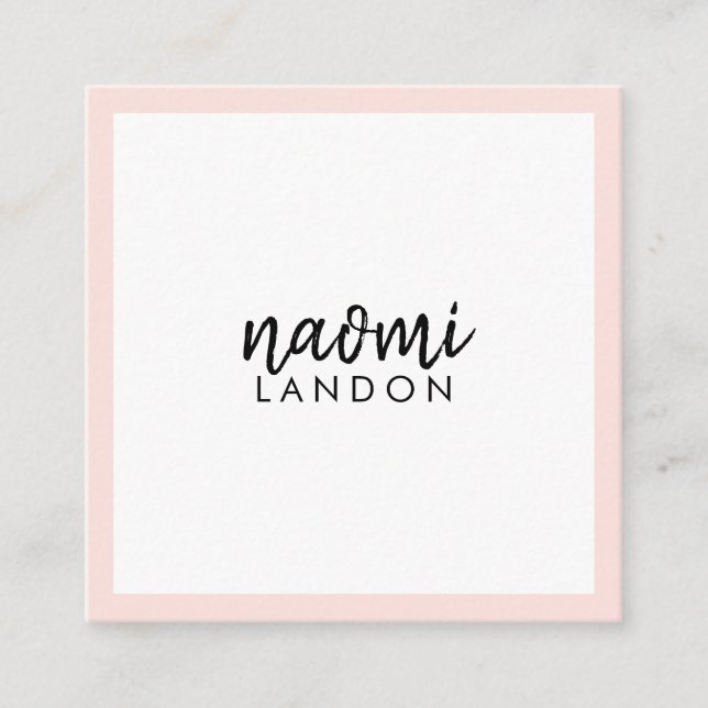 Blush pink modern square minimalist white simple square business card (Front)