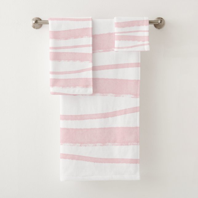 Blush Pink Modern Trendy Striped Pattern Bath Towel Set (Insitu)