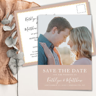 Blush Pink Modern Typography Simple Photo Wedding  Announcement Postcard