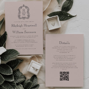 Blush Pink Monogram Crest QR Code Wedding Invitation