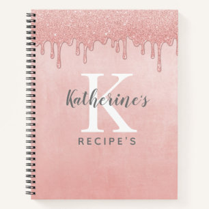 Blush Pink Monogram Dripping Glitter Recipes Notebook