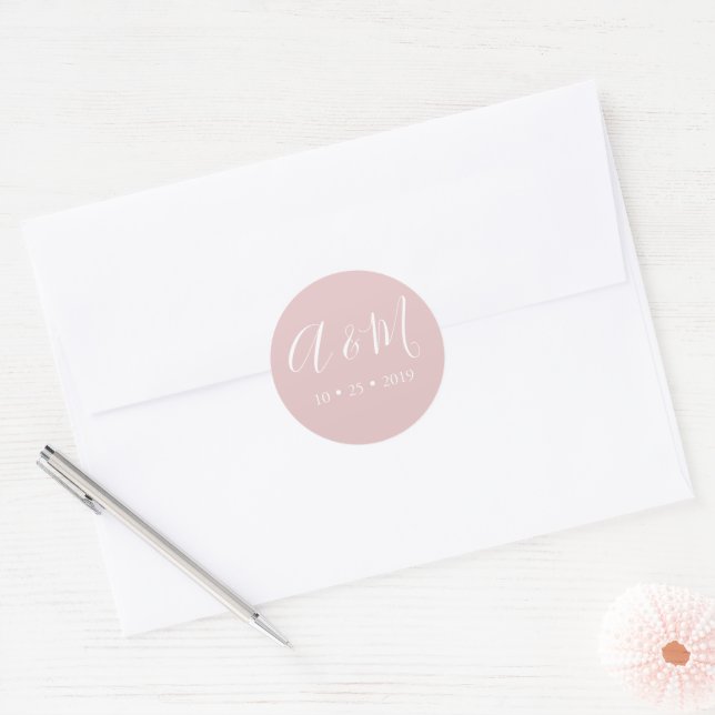 Blush Pink Monogram Elegant Wedding Classic Round Sticker (Envelope)