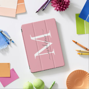 Blush Pink Monogram Feminine Stylish Grey Script iPad Air Cover