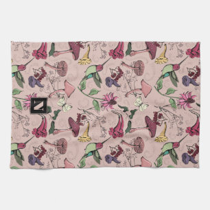 Blush Pink Monogram Hummingbird & Flowers Garden Kitchen Towel