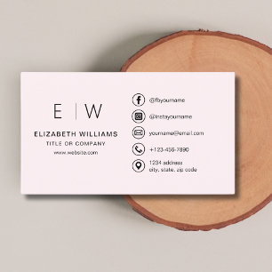 Blush Pink Monogram Minimalist Social Media Icons Business Card