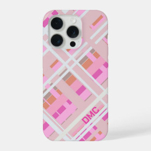 Blush pink monogram plaid girly magenta white  iPhone 15 pro case