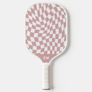 Blush Pink Monogram Vintage Wavy Chequered Pickleball Paddle