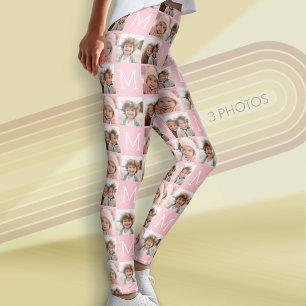 Blush Pink Monogram with Custom 3 Photo Collage Leggings