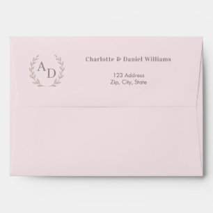 Blush pink monogram wreath return address envelope
