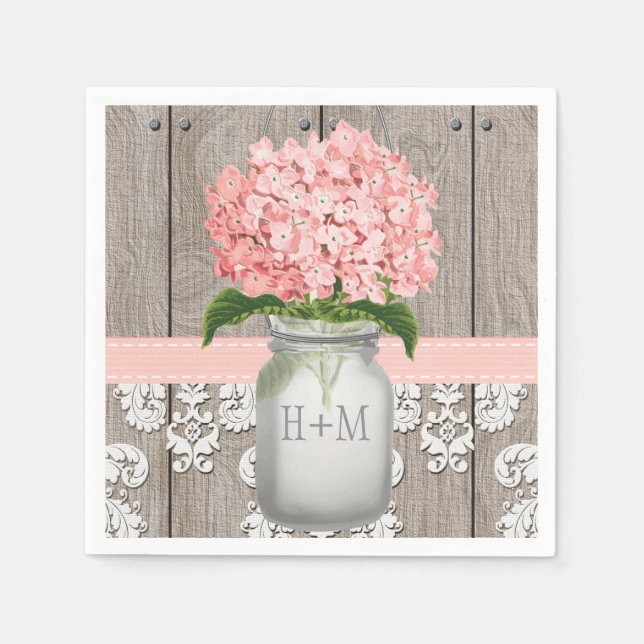 Blush Pink Monogrammed Hydrangea Mason Jar Napkin (Front)