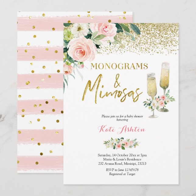 Blush Pink Monograms and Mimosas Bridal Shower Invitation (Front/Back)