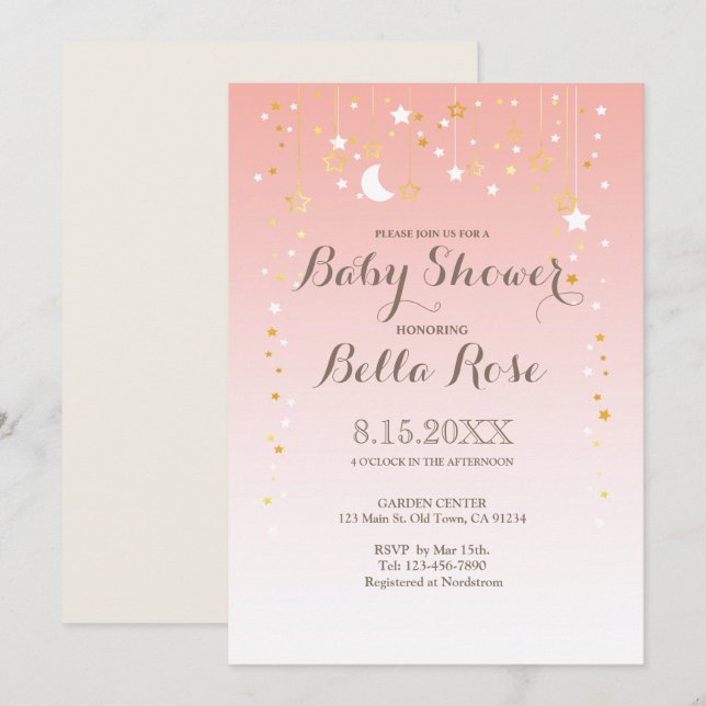 Blush Pink Moon Star Girl Baby Shower Invite (Front/Back)