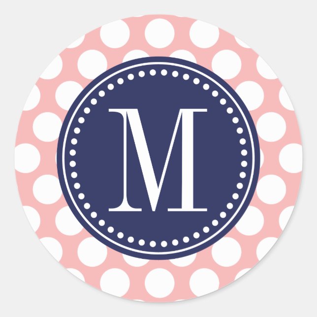 Blush Pink & Navy Big Polka Dots Monogrammed Classic Round Sticker (Front)