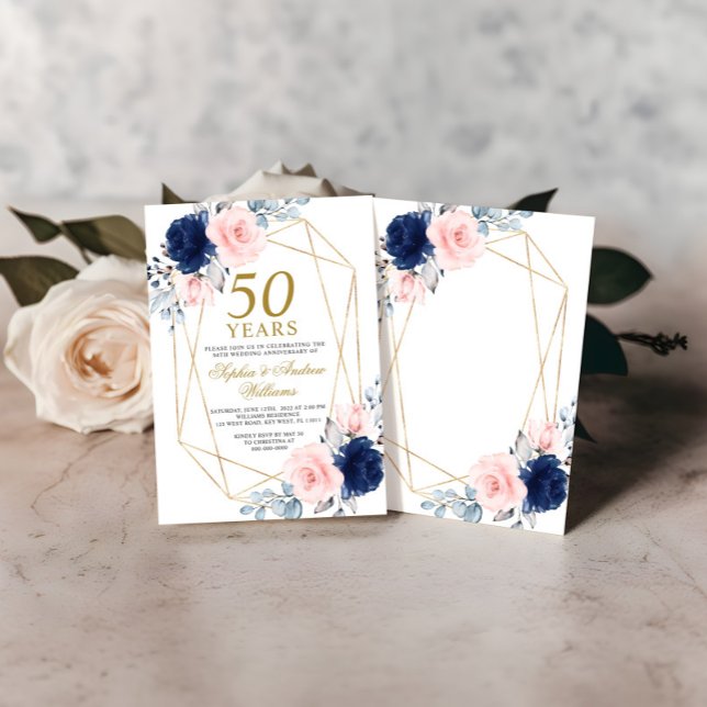 Blush Pink & Navy Blue 50th Wedding Anniversary Invitation (Creator Uploaded)