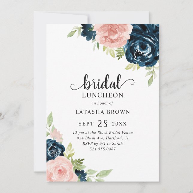 Blush Pink Navy Blue Floral Bridal Luncheon Invitation (Front)