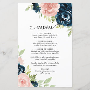Blush Pink Navy Blue Floral Élégant Menu Mariage