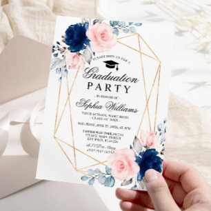 Blush Pink & Navy Blue Floral Graduation Party Invitation