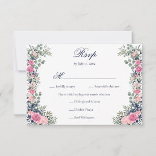 Blush Pink Navy Blue Floral Greenery Wedding Meal RSVP Card
