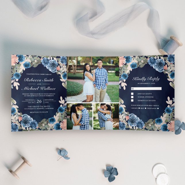 Blush Pink Navy Blue Floral Midnight Photo Wedding Tri-Fold Invitation (Creator Uploaded)