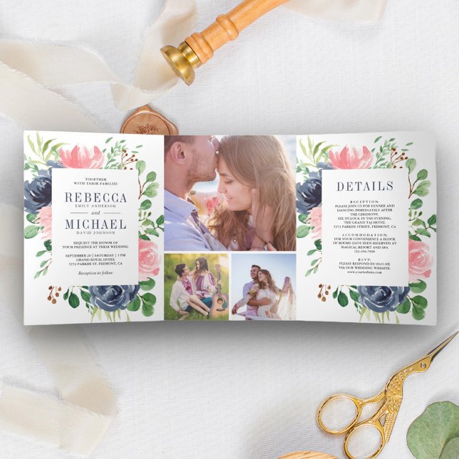 Blush Pink Navy Blue Floral Photo Collage Wedding Tri-Fold Invitation (Creator Uploaded)