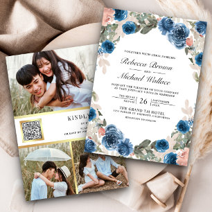 Blush Pink Navy Blue Floral Photo QR Code Wedding Invitation