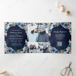 Blush Pink Navy Blue Floral Photo QR Code Wedding Tri-Fold Invitation