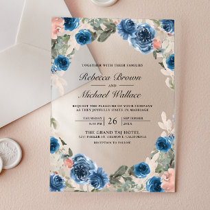Blush Pink Navy Blue Floral Wedding Acrylic Invitations