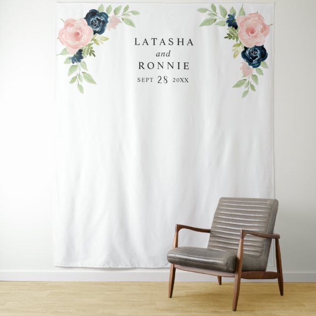 Blush Pink Navy Blue Floral Wedding Photo Backdrop Tapestry (In Situ)