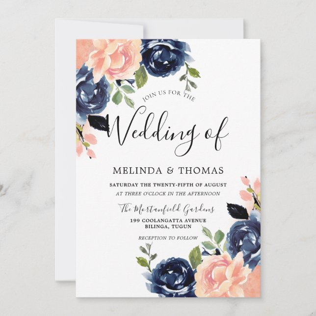 Blush Pink & Navy Blue Flowers Modern Wedding Invitation (Front)