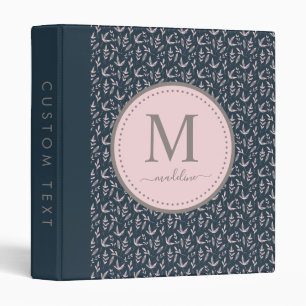 Blush Pink Navy Blue Girly Monogram Leaf Pattern Binder