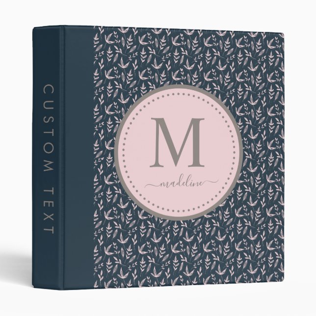 Blush Pink Navy Blue Girly Monogram Leaf Pattern Binder (Front/Spine)