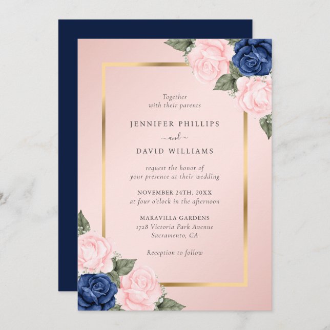 Blush Pink Navy Blue Gold Floral Wedding Invitation (Front/Back)