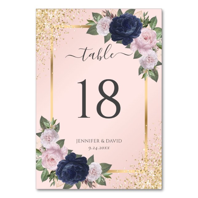 Blush Pink Navy Blue Gold Floral Wedding Table Number (Front)