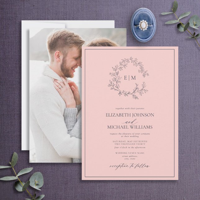 Blush Pink Navy Blue Monogram Photo Wedding Invitation (Creator Uploaded)