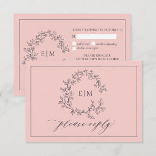 Blush Pink Navy Blue Monogram Wedding RSVP Card